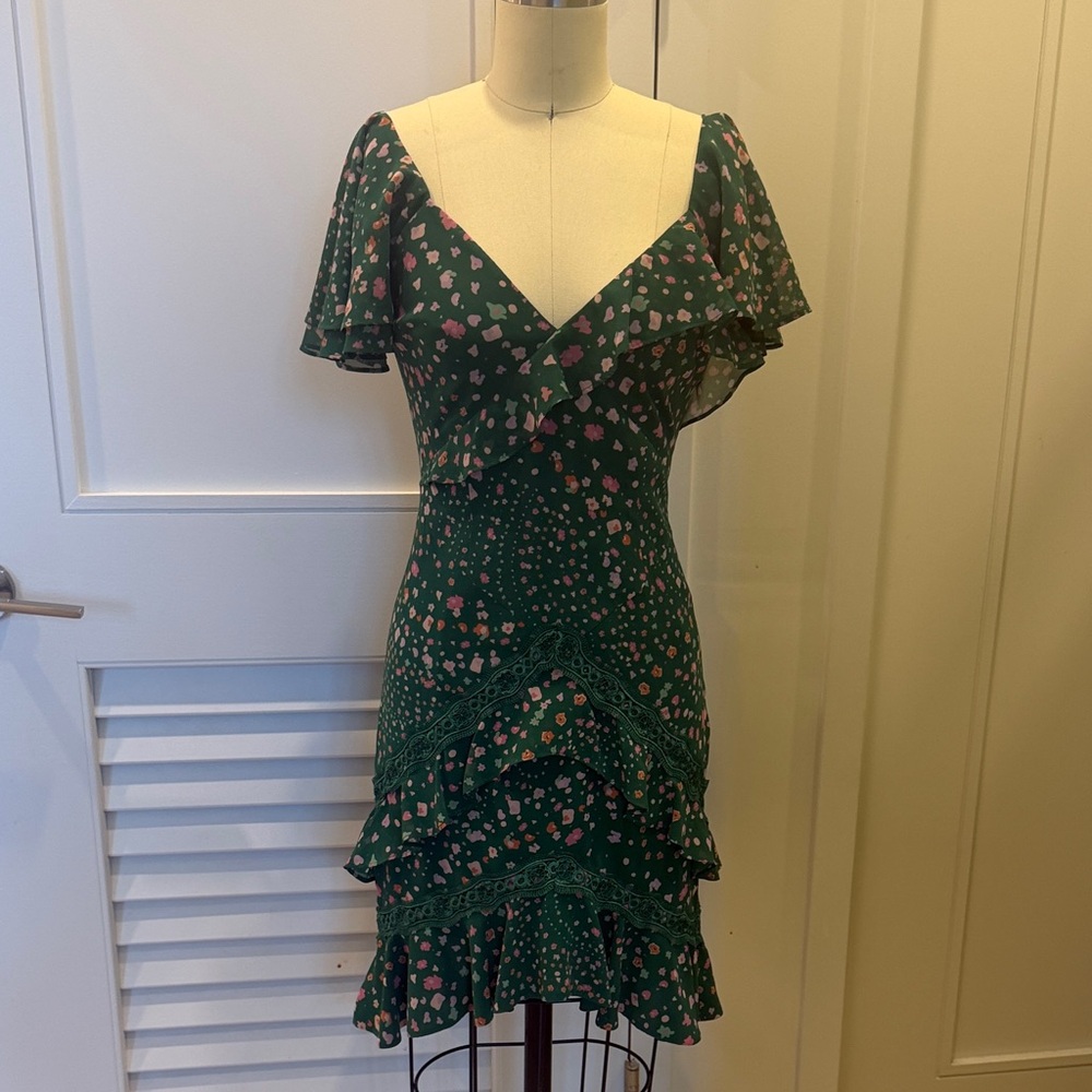 Three Floor Green Floral Ruffle Mini Dress